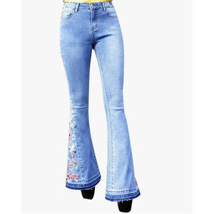 Y2K Embroidered Flare Jeans Women’s 14 Floral Boho Hippie Wide Leg Bell Bottom